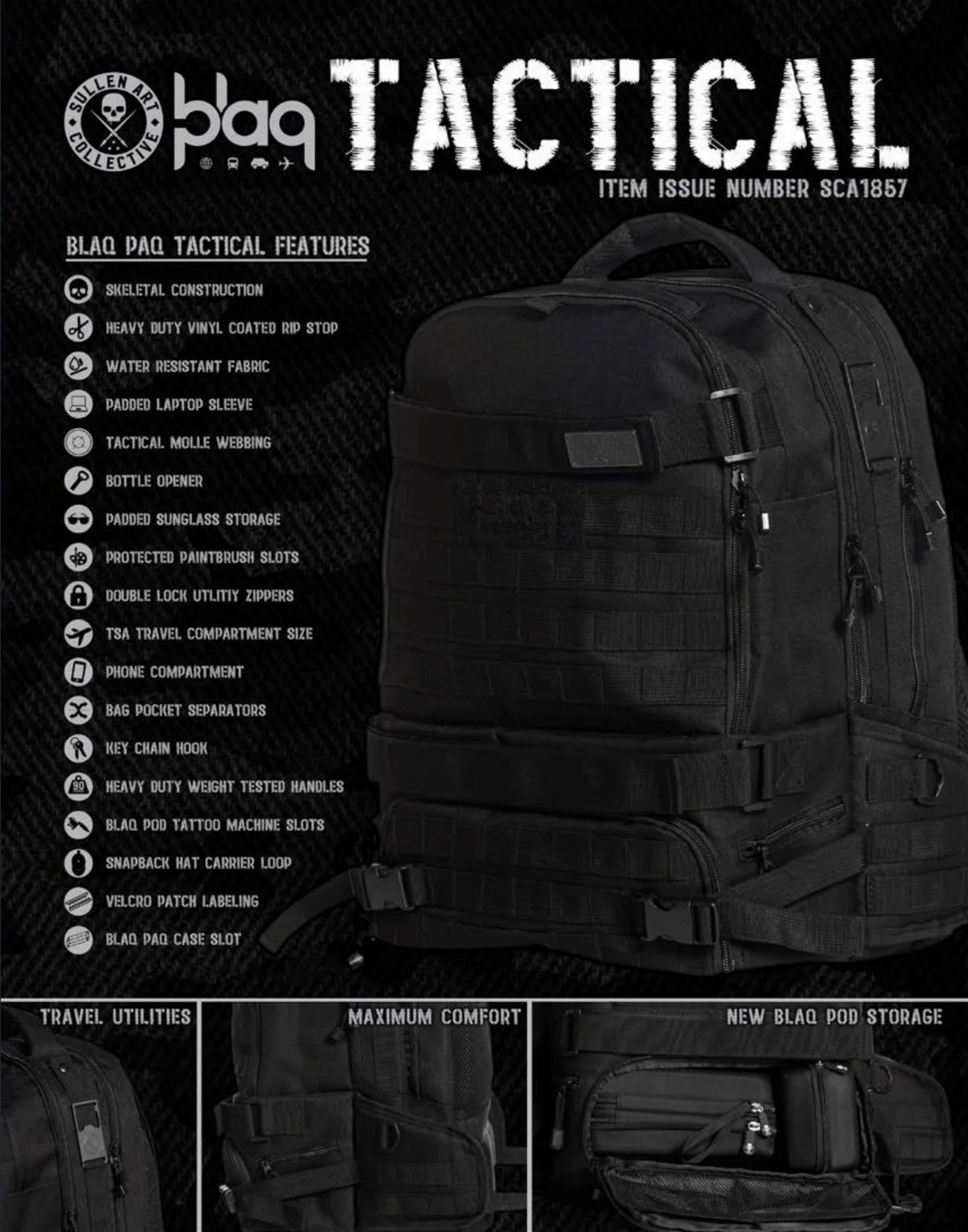 Sullen Blaq Paq Tactical Backpack Tattoo Storage Travel Carrier Skull Art Logo