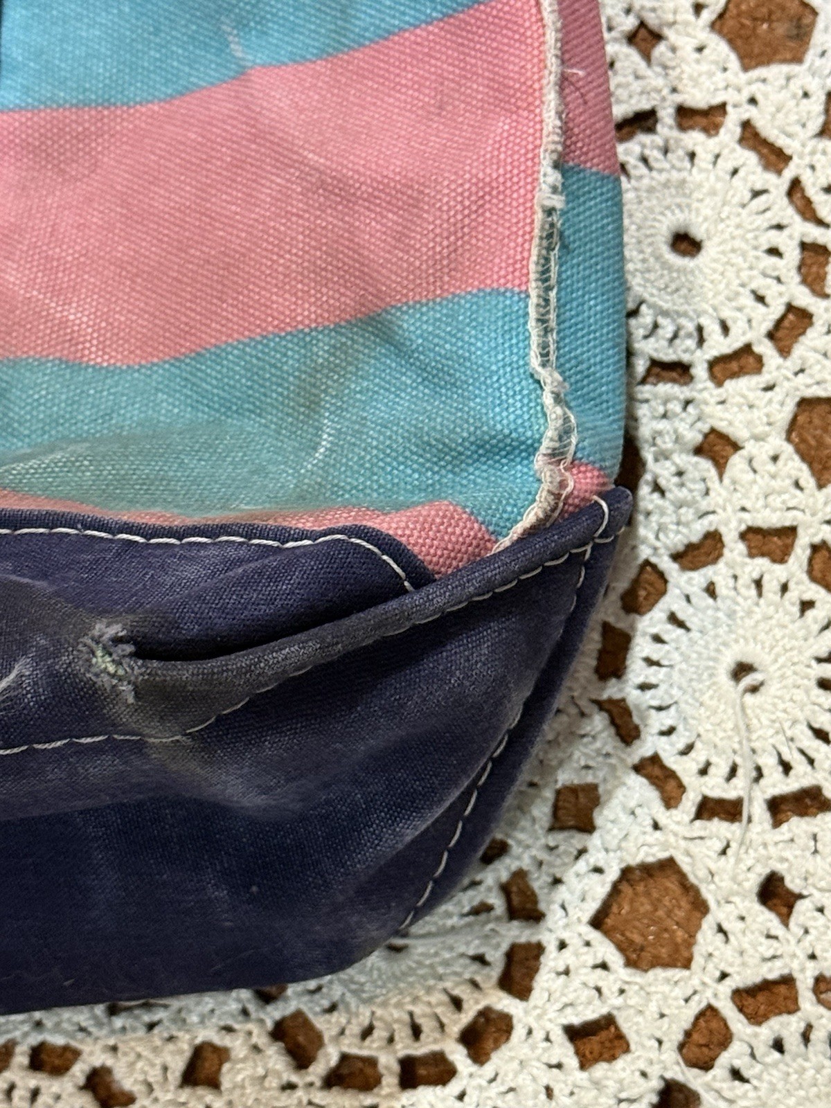VTG 80s LL Bean Boat & Tote Bag USA Canvas Blue Pink Embroidered Gem Distressed