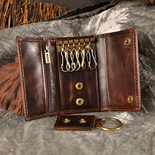 Mens Genuine Leather Car Key Case Loop Hook Coin Case Cover Wallet Snap