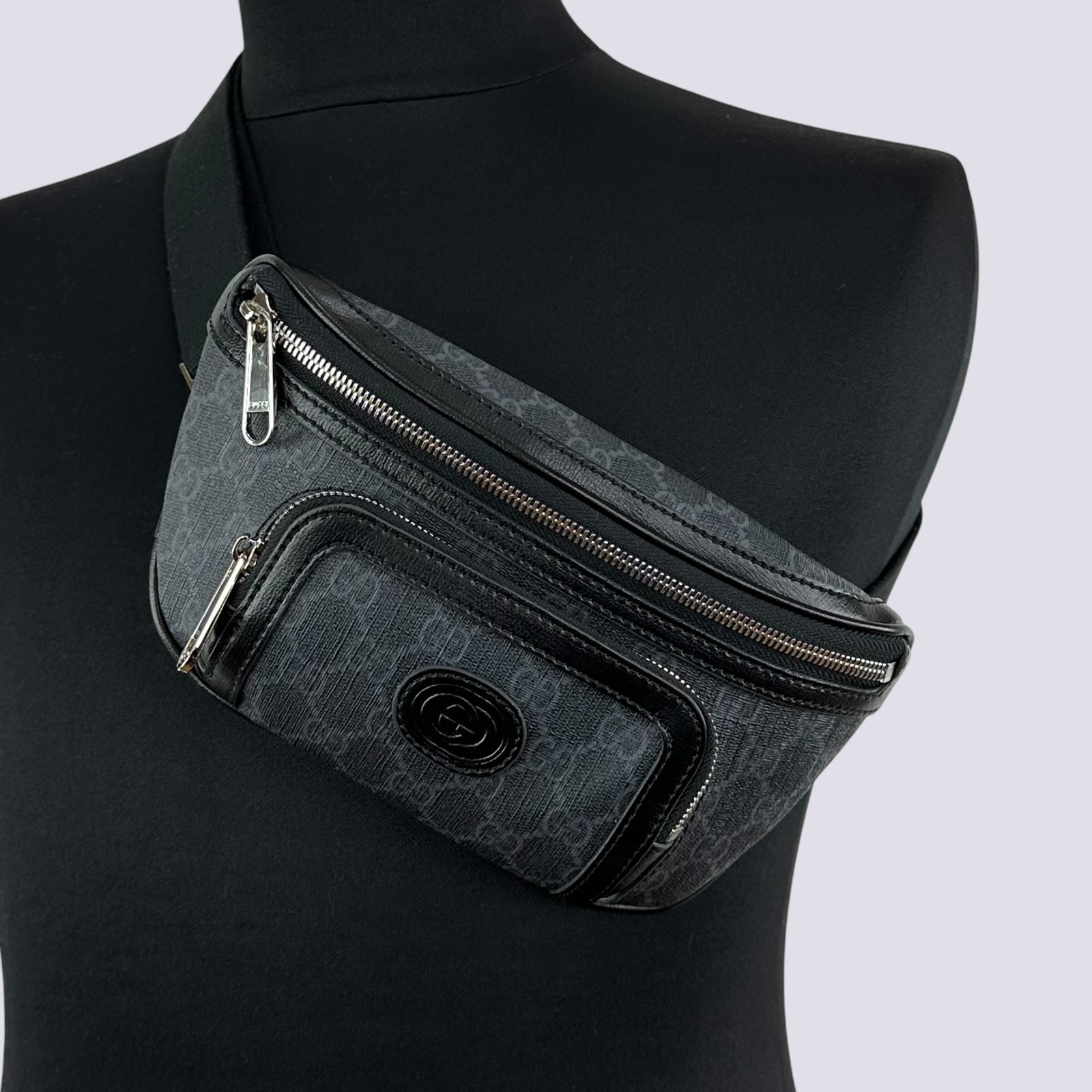Gucci GG Monogram Logo Interlocking G Canvas Crossbody Belt Bag Black 682933
