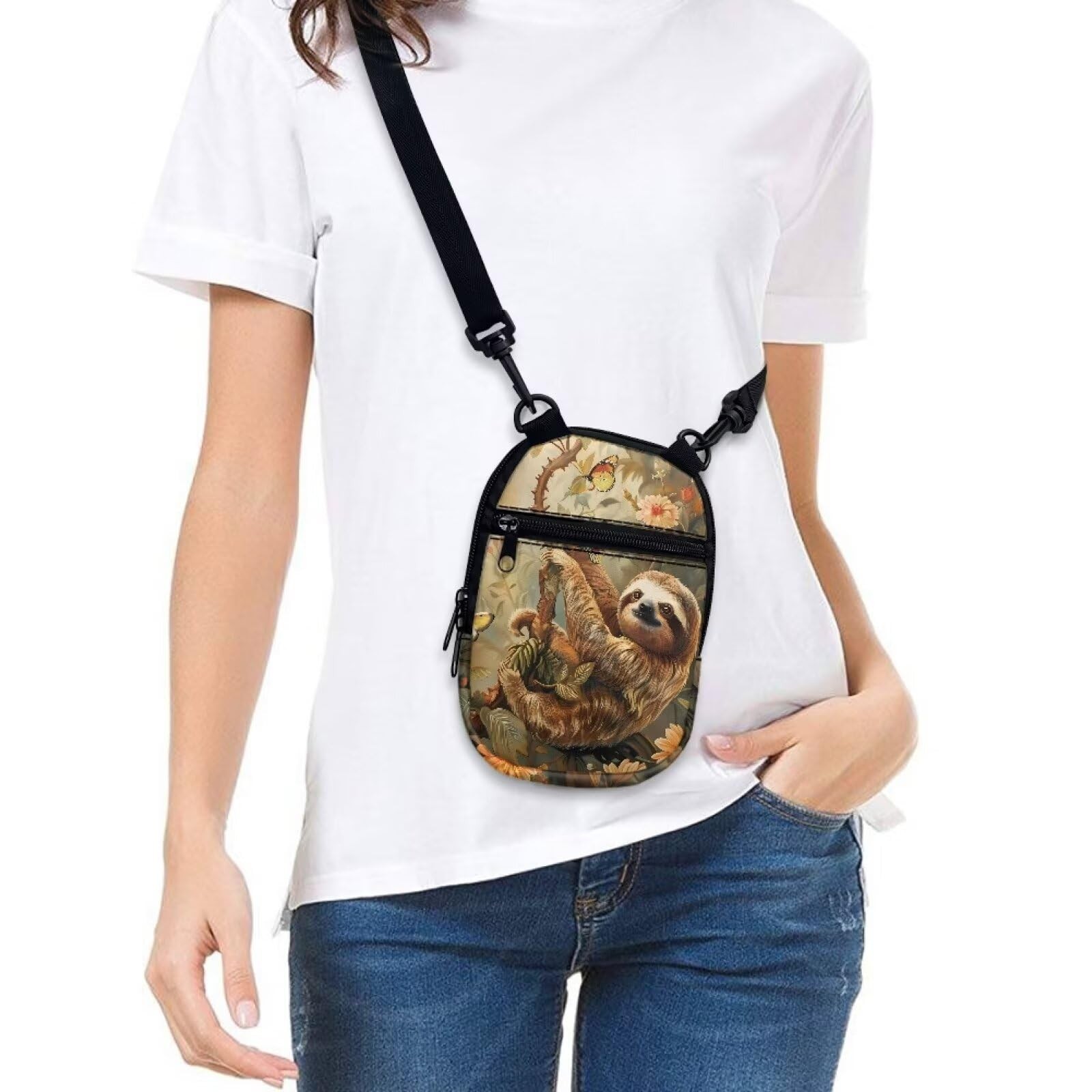 Sloth Butterfly Flower Print Small Messenger Bag Casual Shoulder Bag Crossbod…