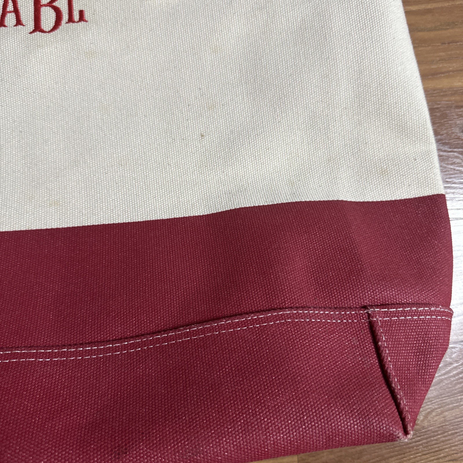 LL Bean Boat & Tote Zip Top Bag Canvas Ivory/Red L/XL Teacher Beach Leather Trim