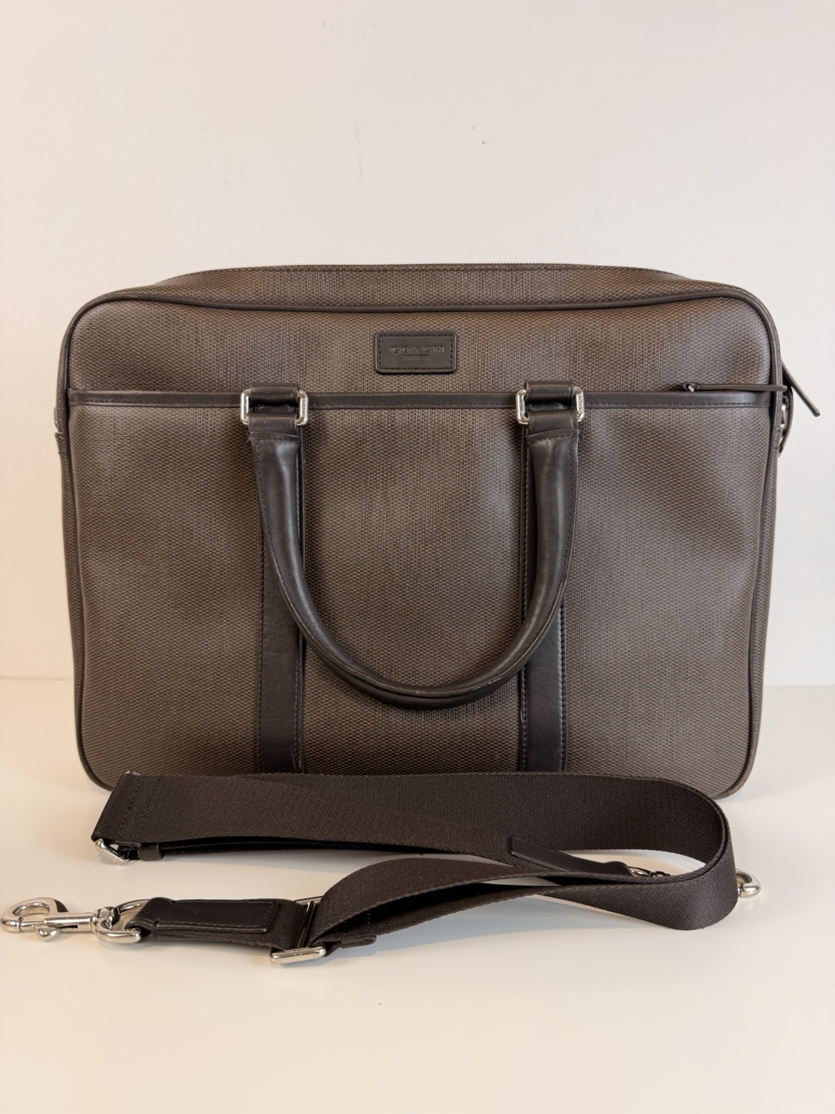 COACH Heritage Check 2-way Slim Briefcase F71389 Brown / Black Laptop Bag