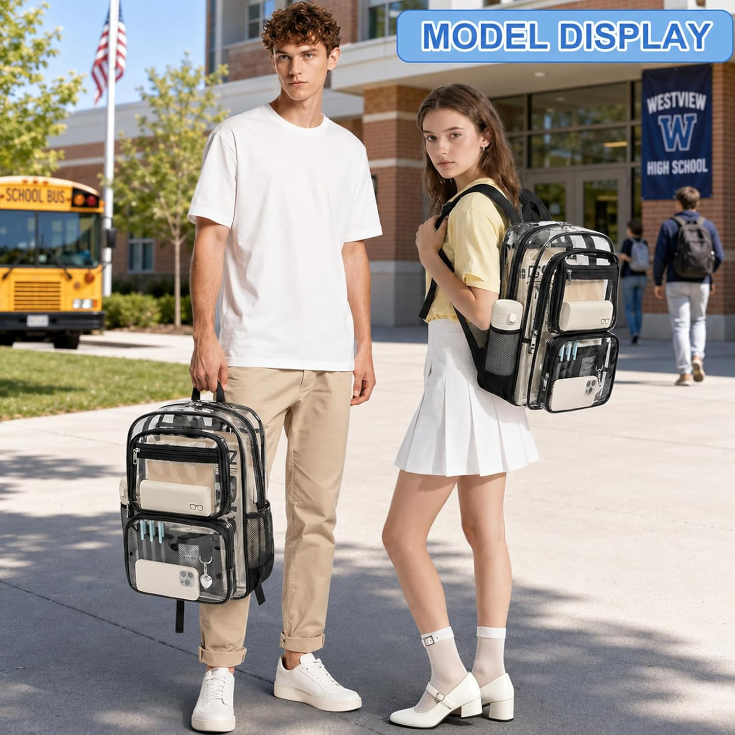 Clear Backpack for School, Large Heavy Duty Clear Bookbag with Luggage Strap & S