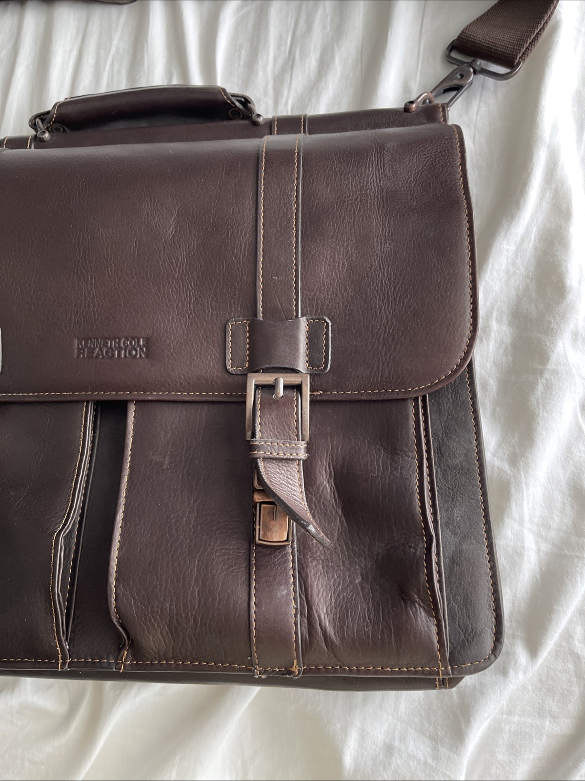 Kenneth Cole Genuine Leather Laptop Briefcase Reaction Brown Messenger Bag Heavy