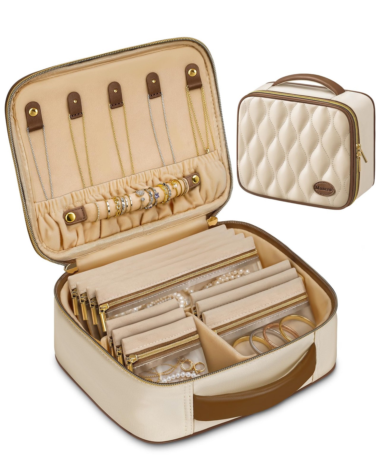 Mancro Travel Jewelry Case Organizer for Women 24.13 x 19.05 x 8.64 cm, Beige