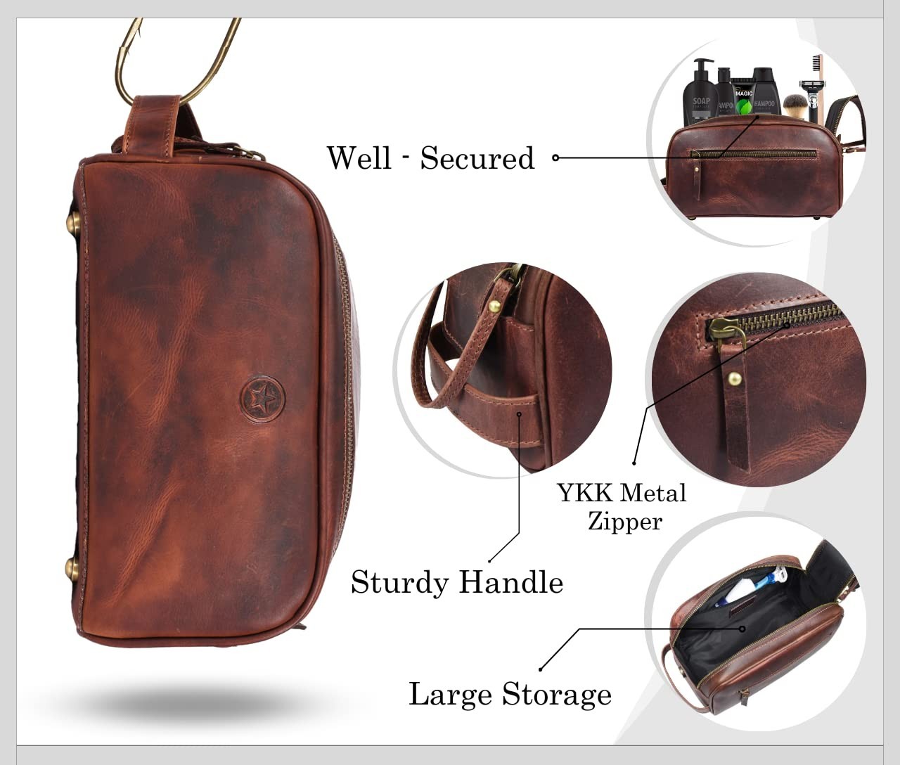 10″ Leather Toiletry Travel Pouch | Waterproof Vintage Dopp Kit – Dark Brown