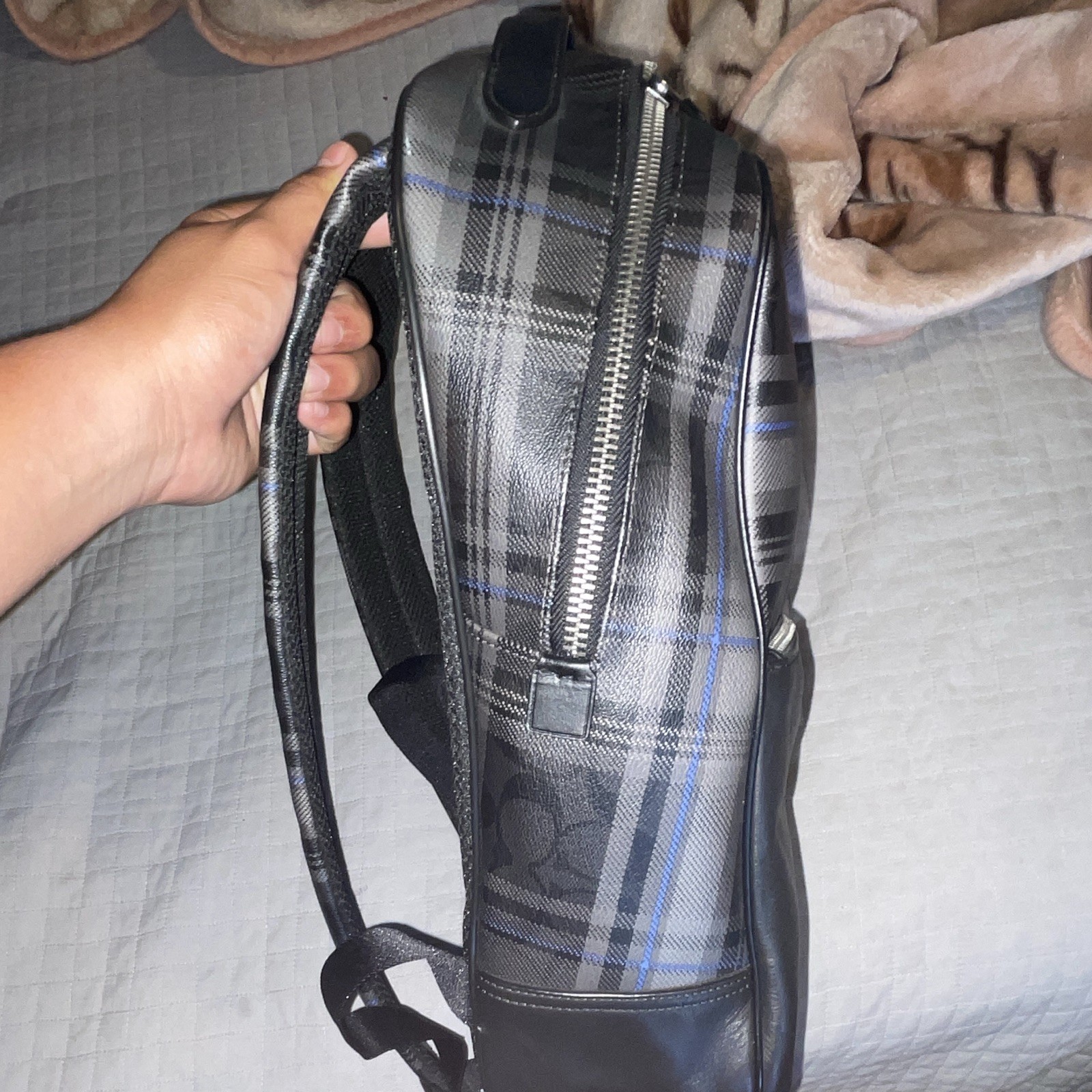 Coach Men’s Plaid Backpack Gray/Black/Blue Zip Adjustable Strap Lined
