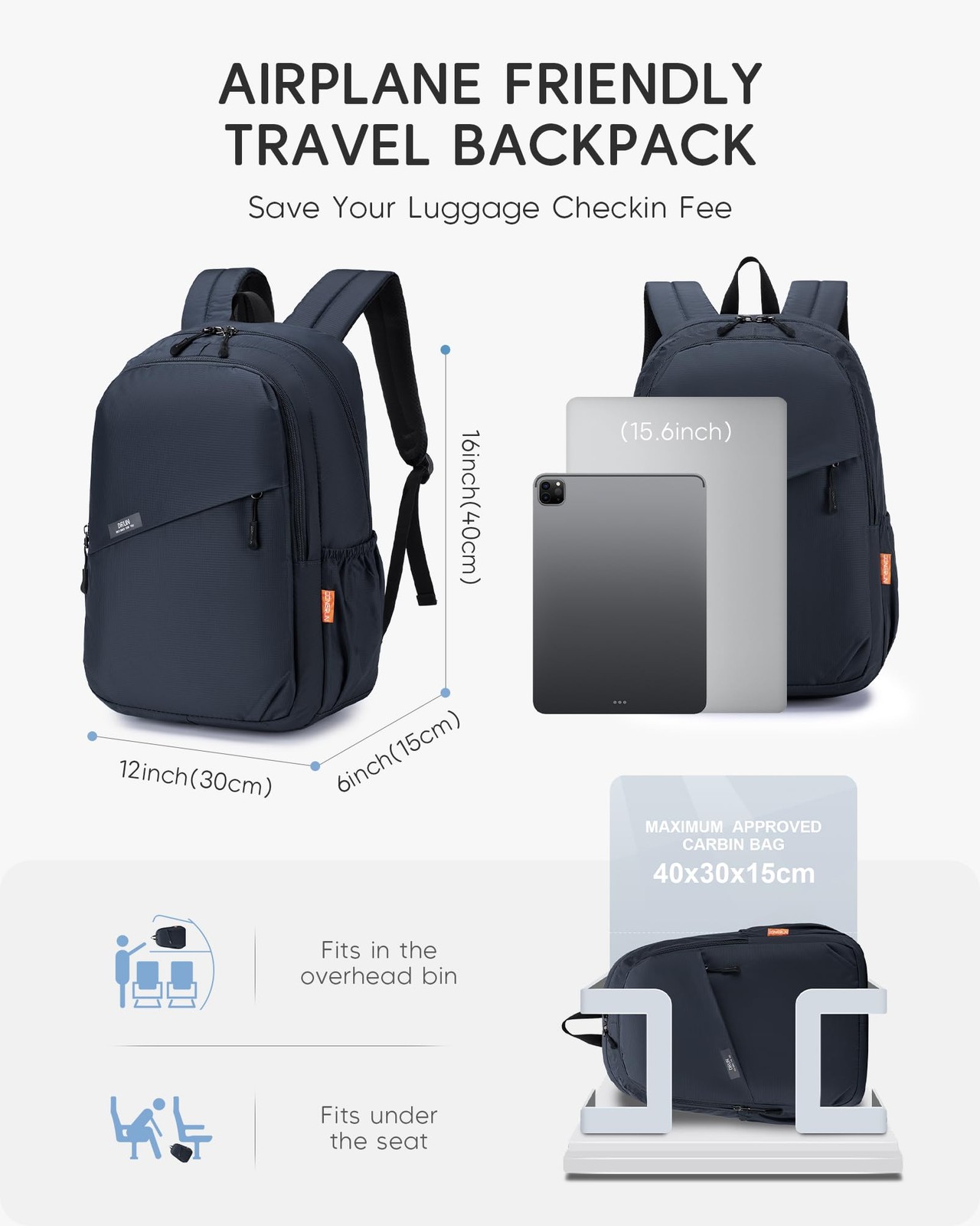 40x30x15cm Personal Bag Travel Backpack Carry On Flight Approved with Anti-Th…