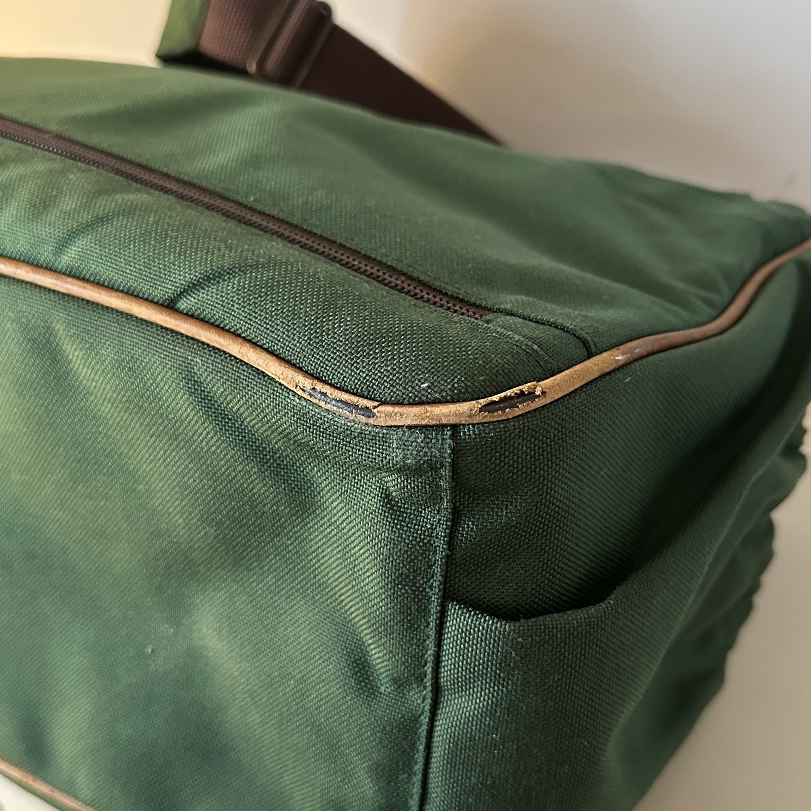 Vintage 90s L.L. Bean Canvas Carry On Bag Green Leather Trim Duffle *FLAW*