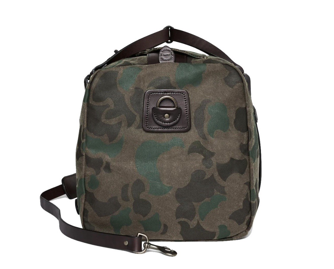 Filson Camouflage Duffle Bag Zip Closure Leather Handles Adjustable Strap