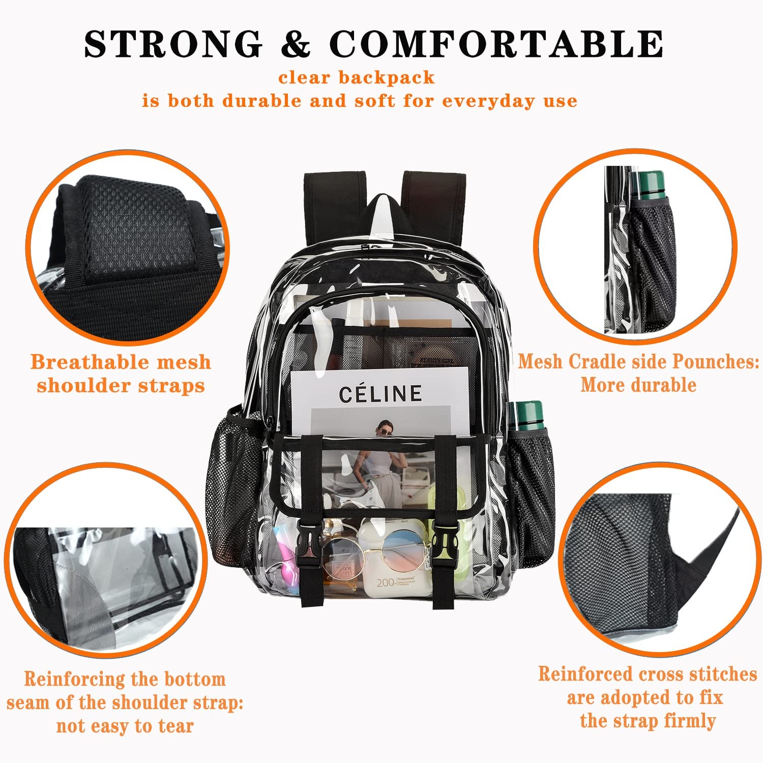 Black Large Clear Backpack Heavy Duty PVC Transparent Stadium See Through Bag