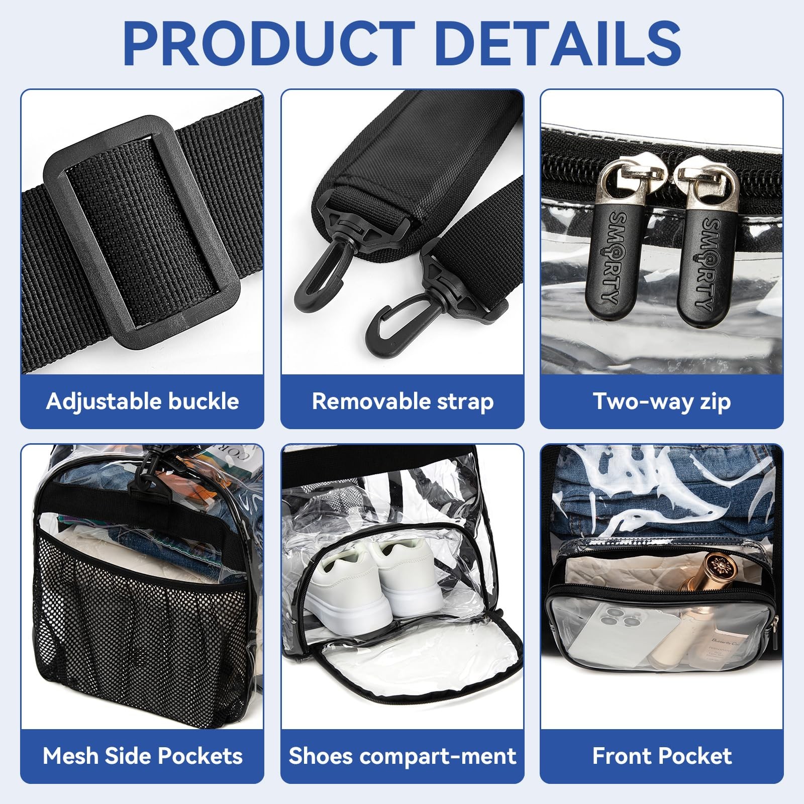 Large Heavy Duty Clear Duffel Bag with Shoes Compartment, Stadium Approved Cl…