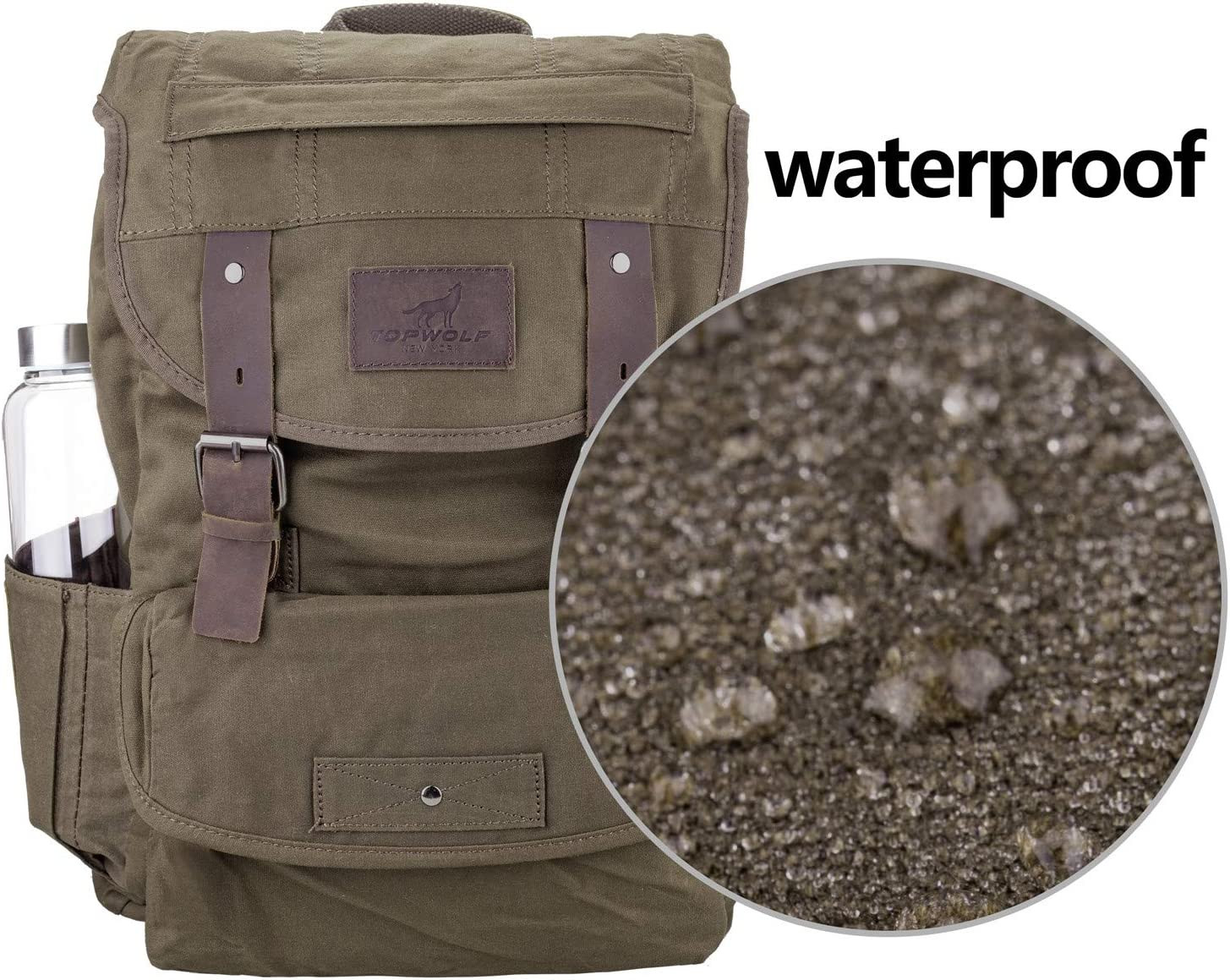 Waterproof Waxed Canvas Backpack for Men Travel Rucksack Leather Trimming (Green