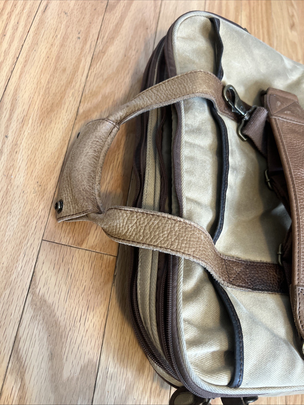 LL Bean Canvas Messenger Crossbody Bag Push Lock Leather Trim Tan Brown