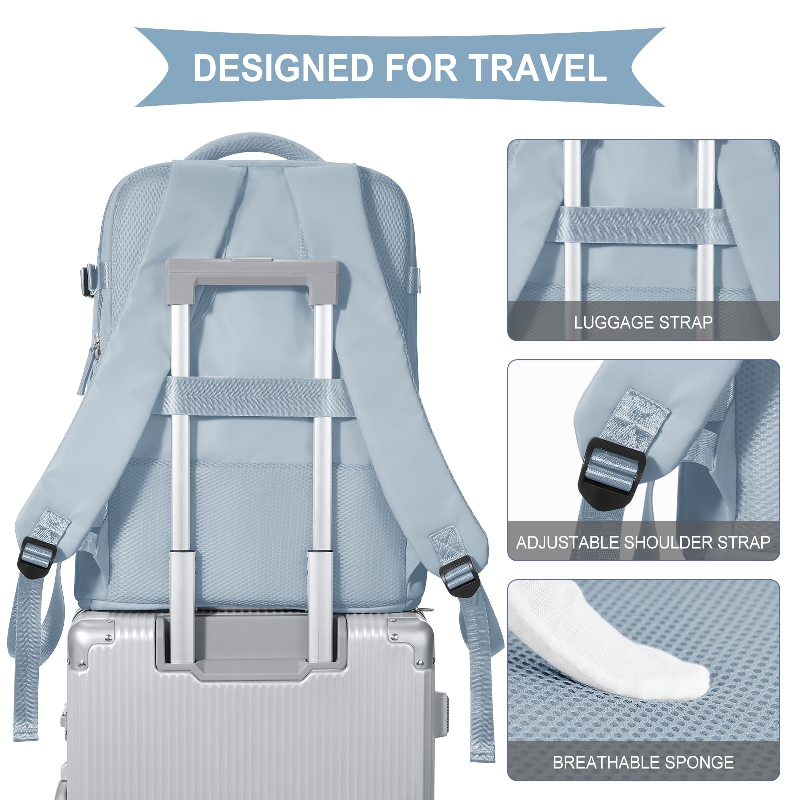 Large Travel Backpack 30L Carry On Flight Approved 15.6in Laptop Gray Blue