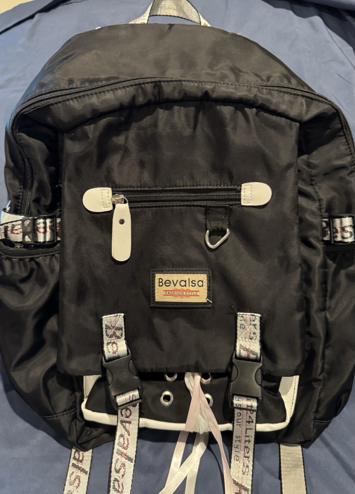 Bevalsa Black White Backpack with USB Port, Audio Pocket, Adjustable Straps