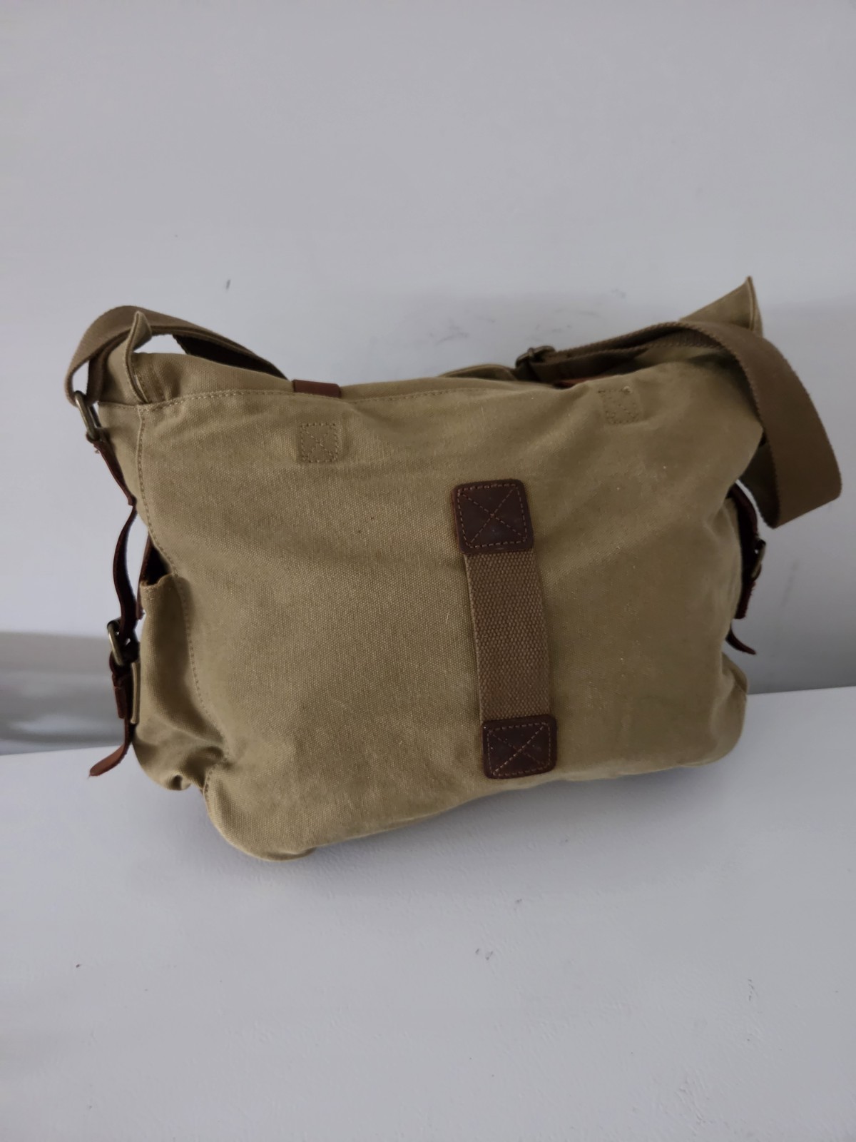 S.C. Cotton Canvas Messenger Laptop Bag Khaki Leather Trim Crossbody Satchel 17″