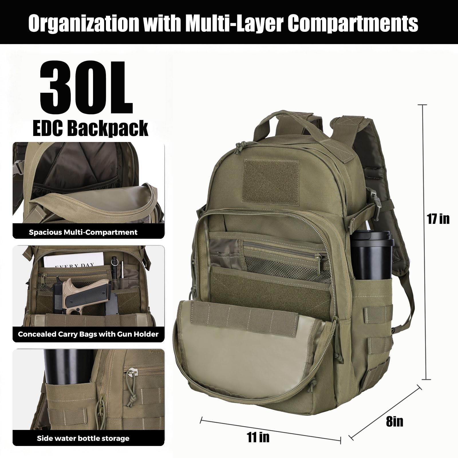 Tactical Backpack for Men 30L Military Backpacks Concealed Carry Bags with Gu…