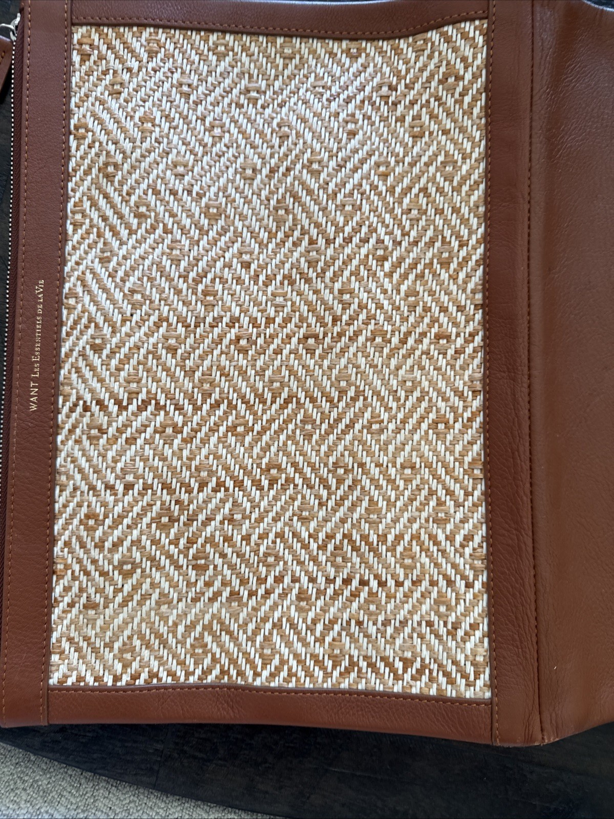 Want Les LES ESSENTIELS DE LA VIE Brown Leather Rattan Double Zip Folio Case