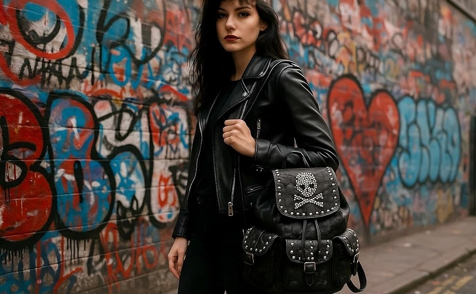 Gothic Skull Backpack PU Leather Punk Rucksack Drawstring Flap A4 Tablet Bag new
