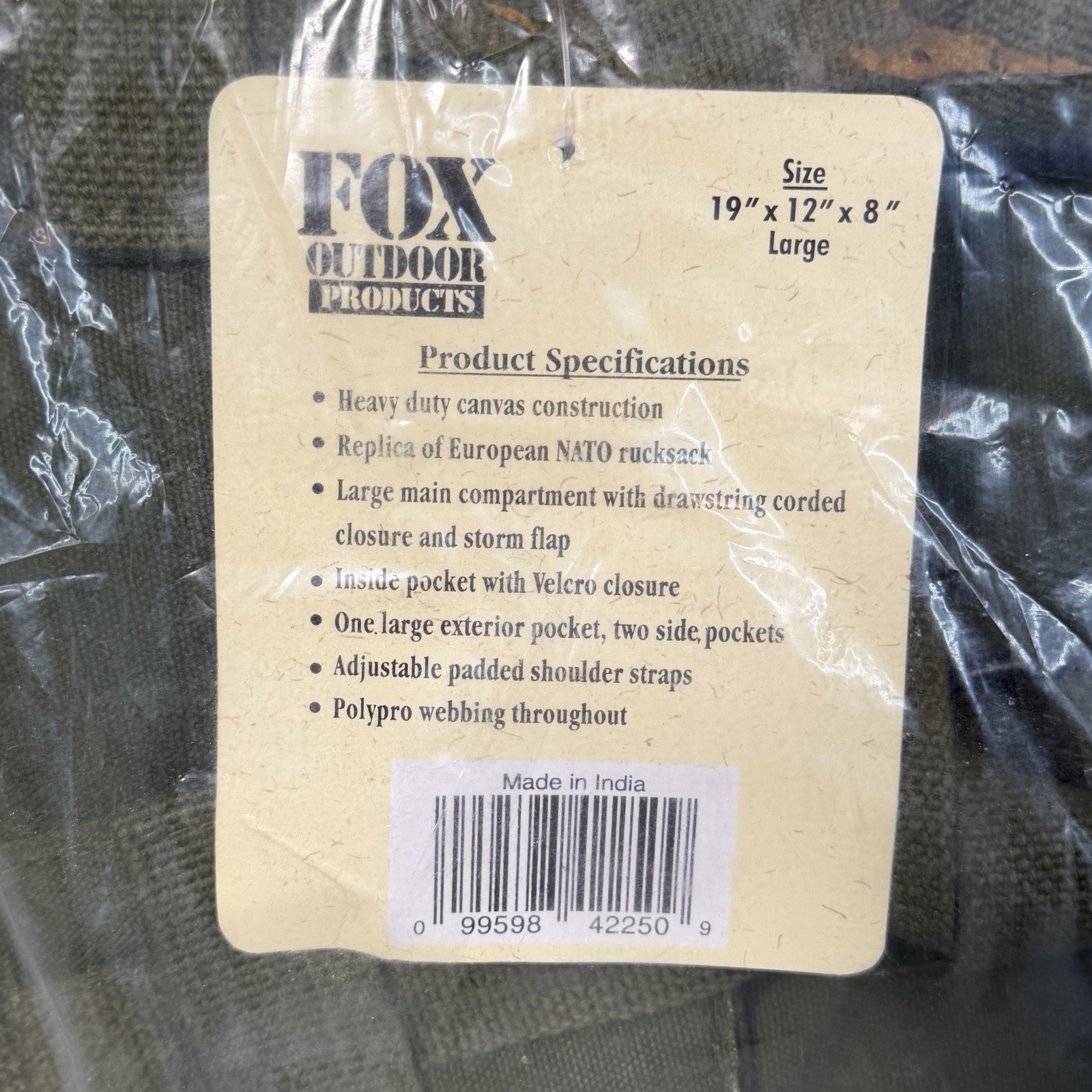 New Fox Outdoor Nato Rucksack Bag Backpack Large 19x12x8 Olive Drab Green 42-25