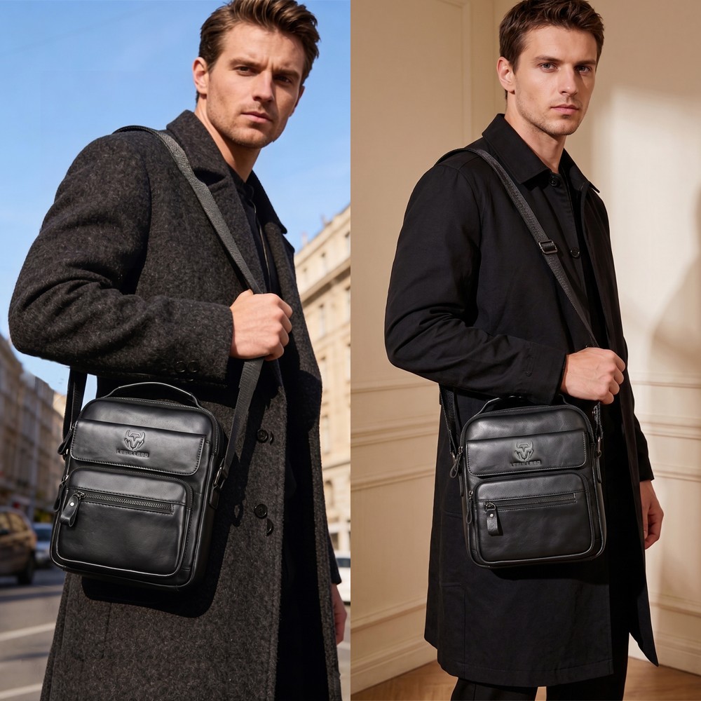LEBULLBRO Mens Cowhide Leather Sling Bag Shoulder Crossbody Bags Business Bag