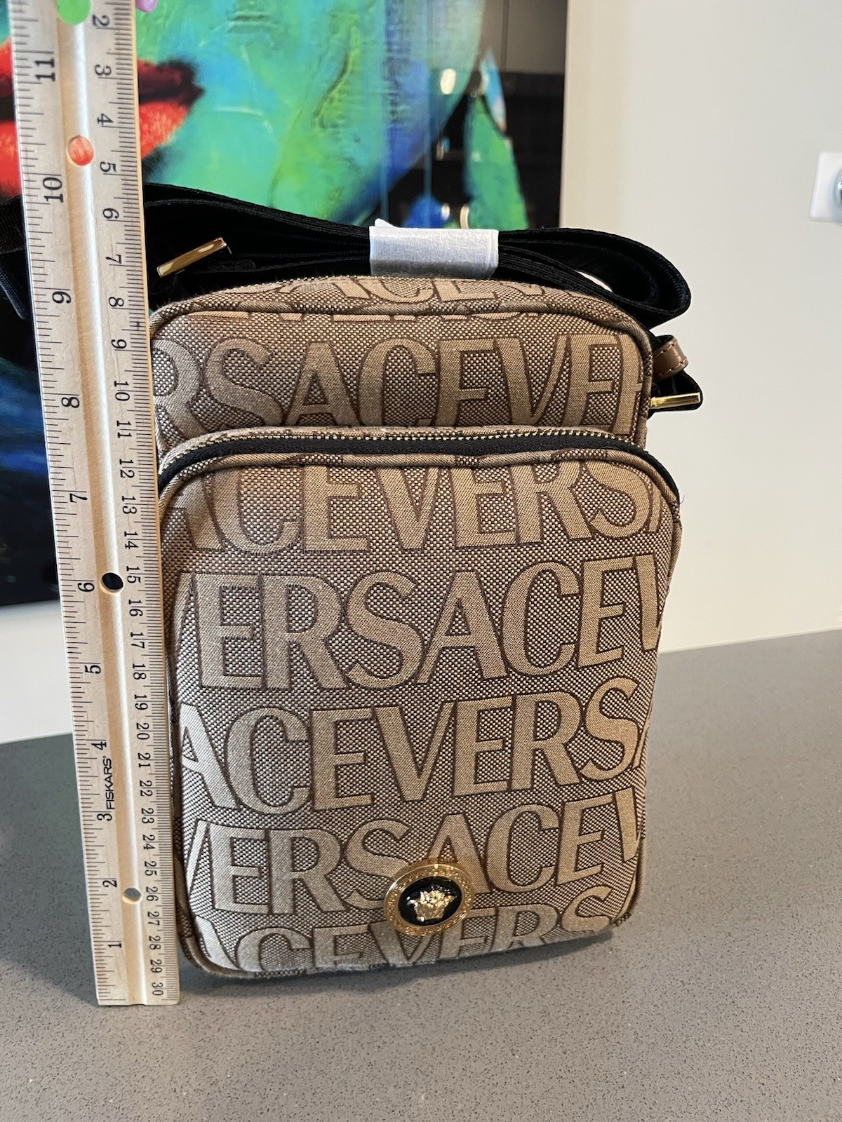 Versace Crossbody Canvas Fabric Allover Beige/brown $1200 Retail Authentic