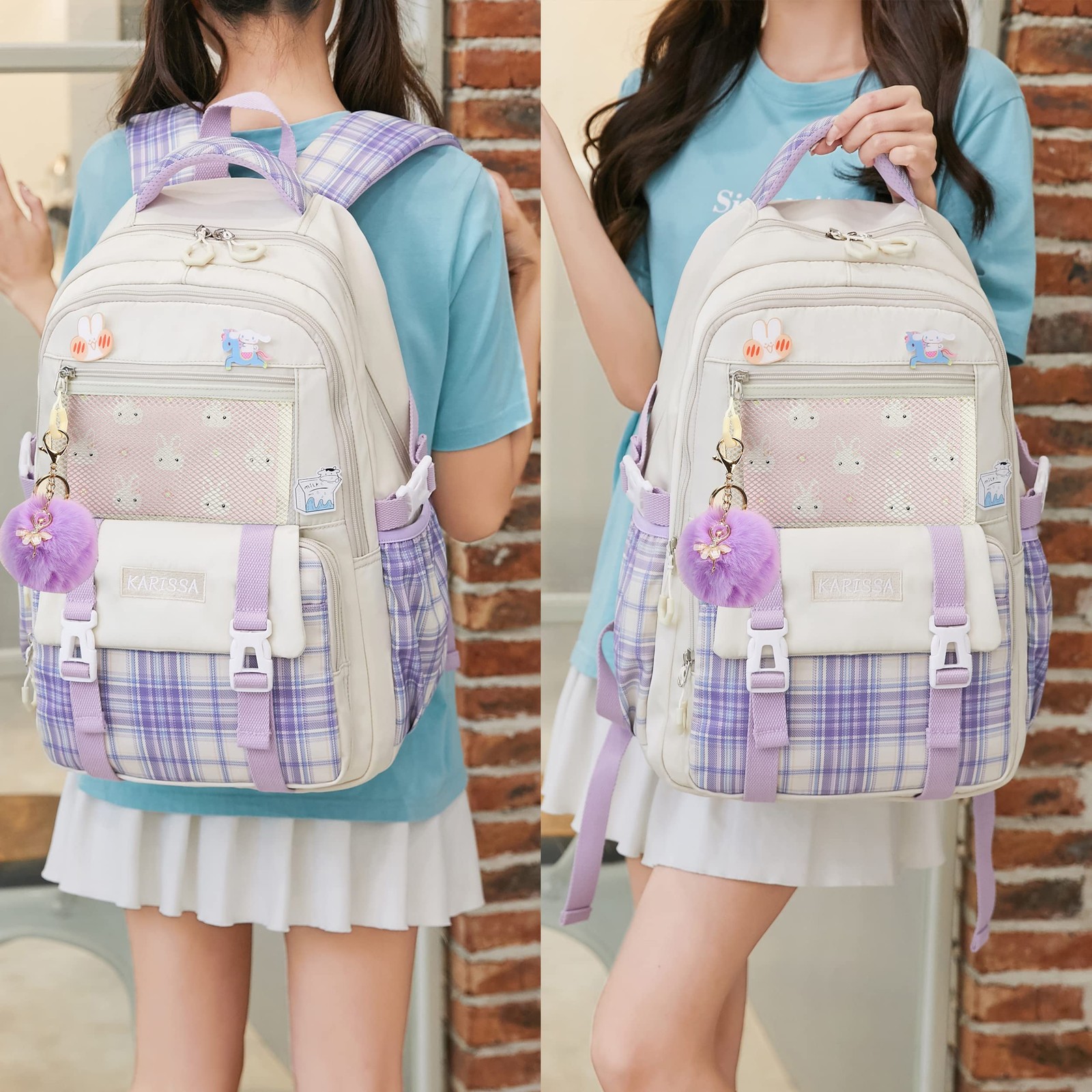 Beige and Purple Elementary Middle School Aesthetic Preppy Backpack For Girls