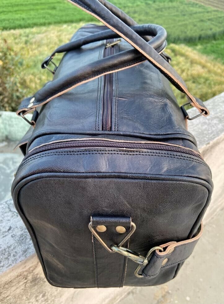 Large BLACK Duffle Men Genuine Leather Travel Luggage Gym Weekend Overnight Bag