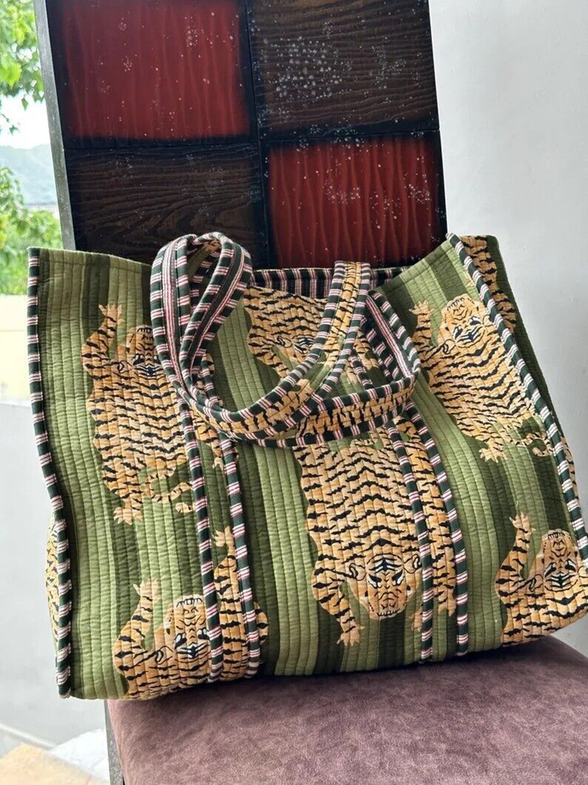 Green Tiger Print Quilted Shoulder Bag Women’s Beach Cotton Handbag