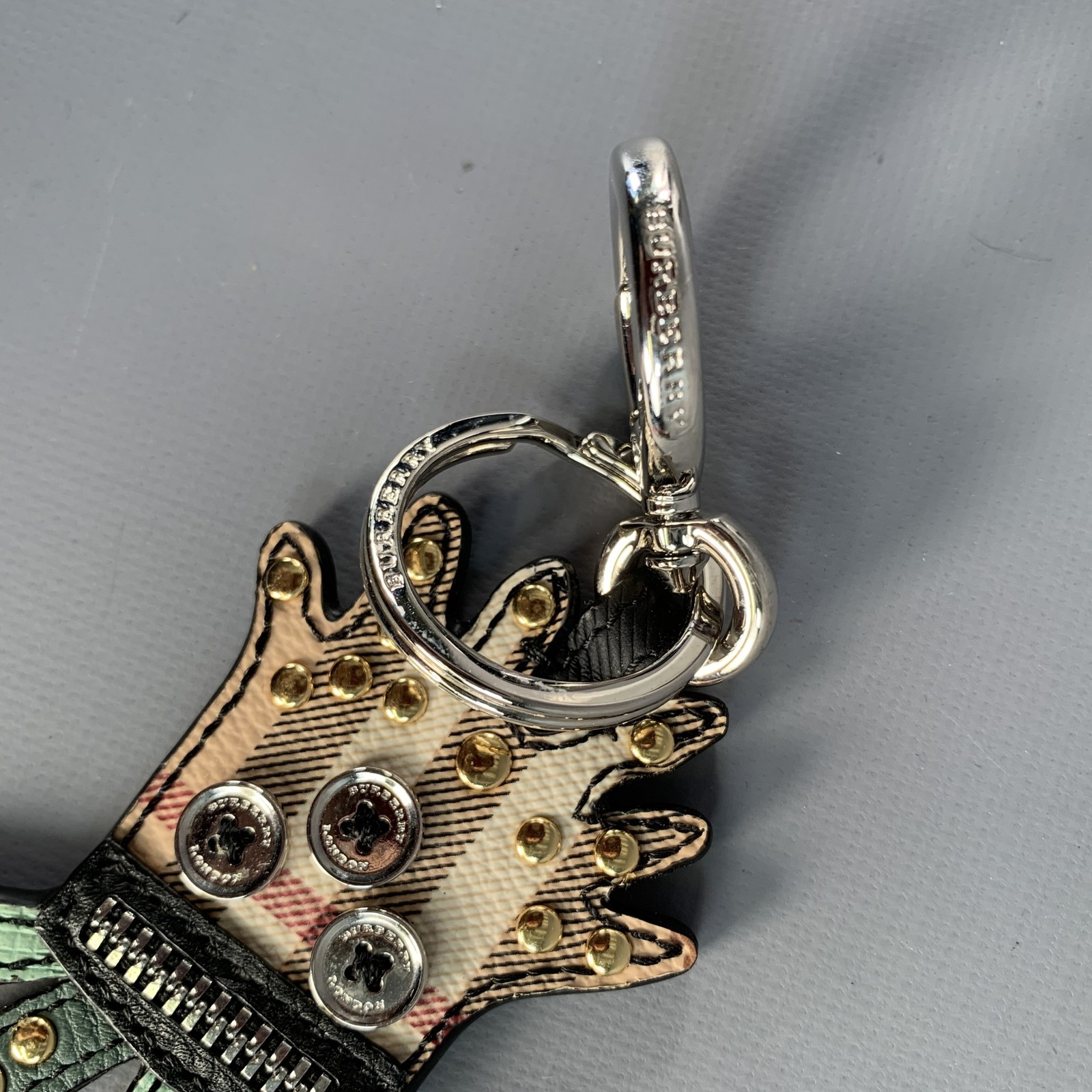 BURBERRY Multi Color Plaid Leather Metal Bag Charm