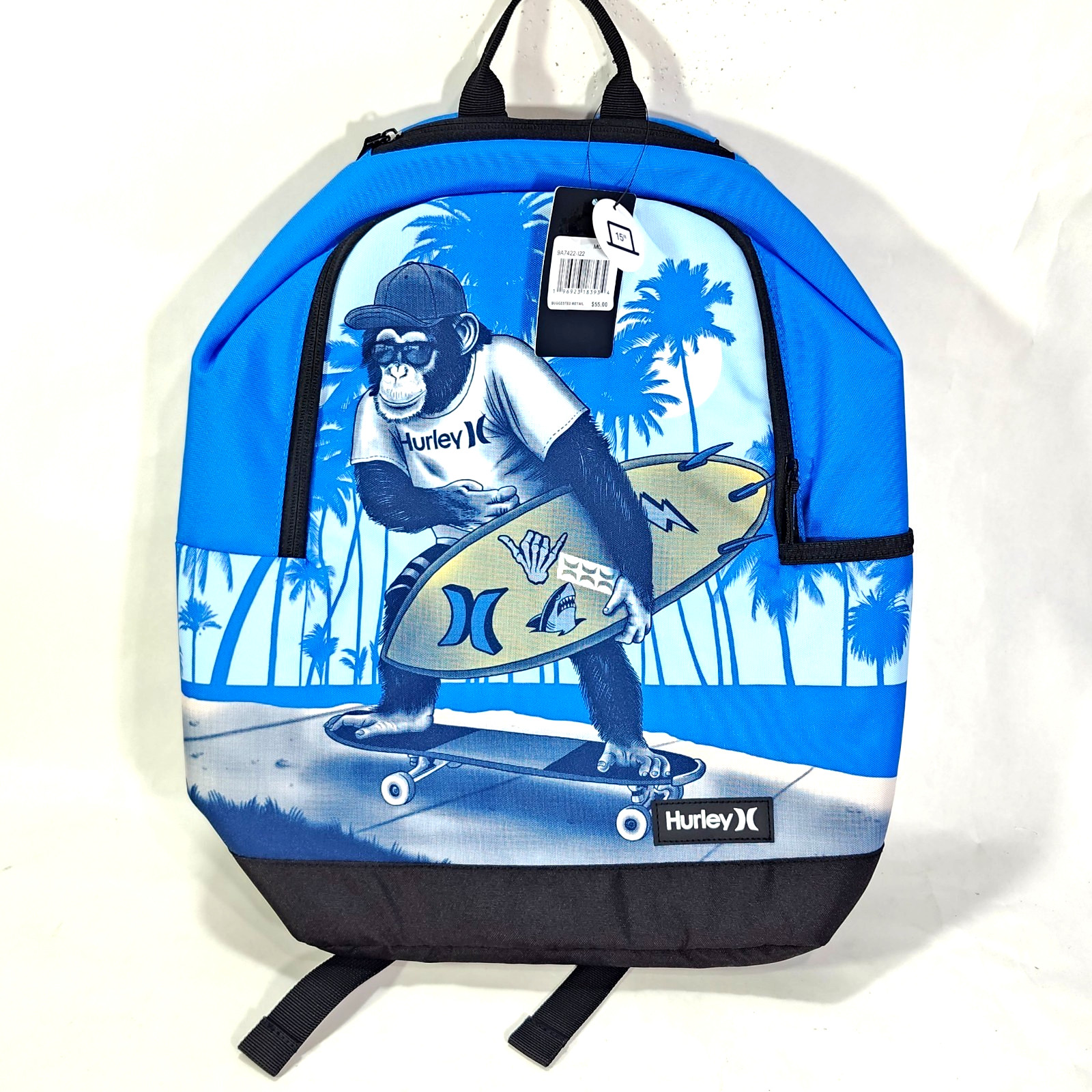 Hurley Backpack Skateboard Surfboard Monkey Blue 15″ Laptop Sleeve Tavel Bag NWT