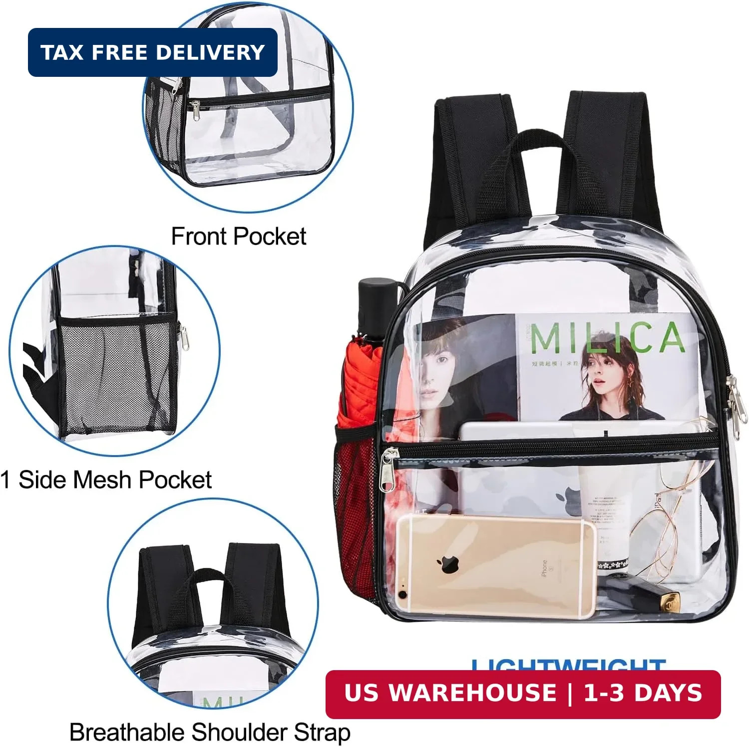 USPECLARE Clear Backpack for Stadium Approved 12×6×12, Water proof Clear Bag for