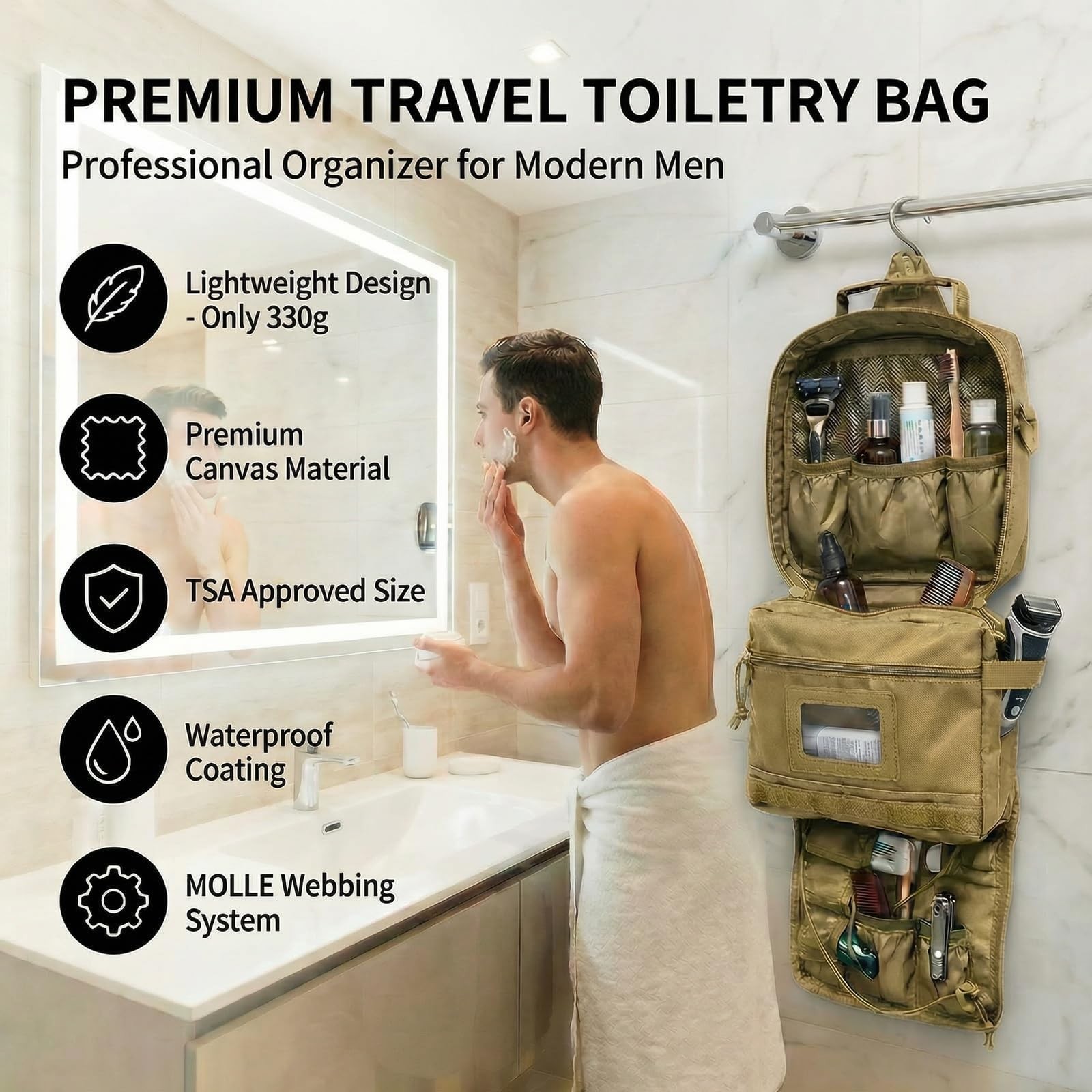 Brown Tactical Mens Toiletry Travel Bag Bathroom Organizer