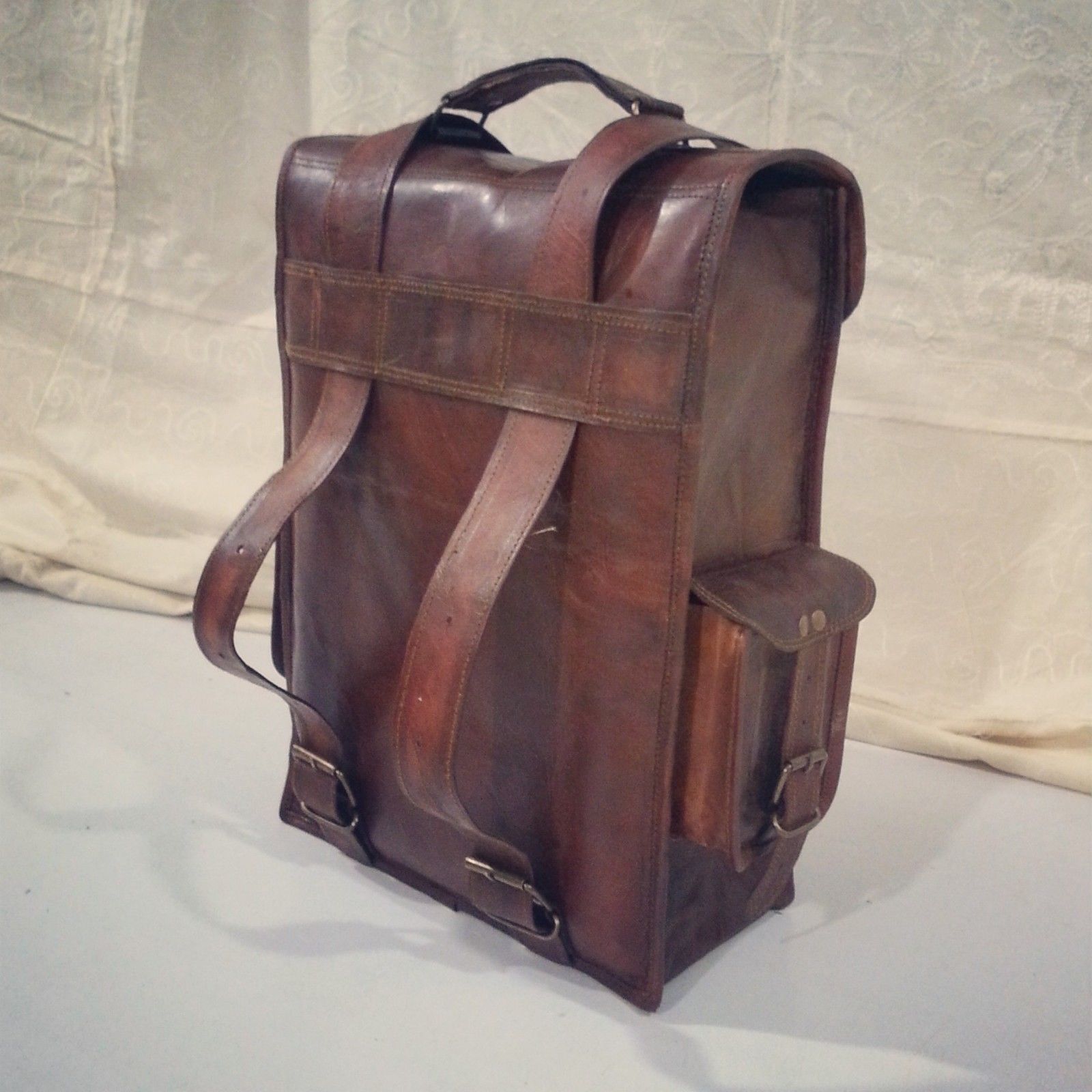 VINTAGE LEATHER BROWN BACKPACK RUCKSACK BAG MEN’S SHOULDER CROSS-BODY SLING BAG