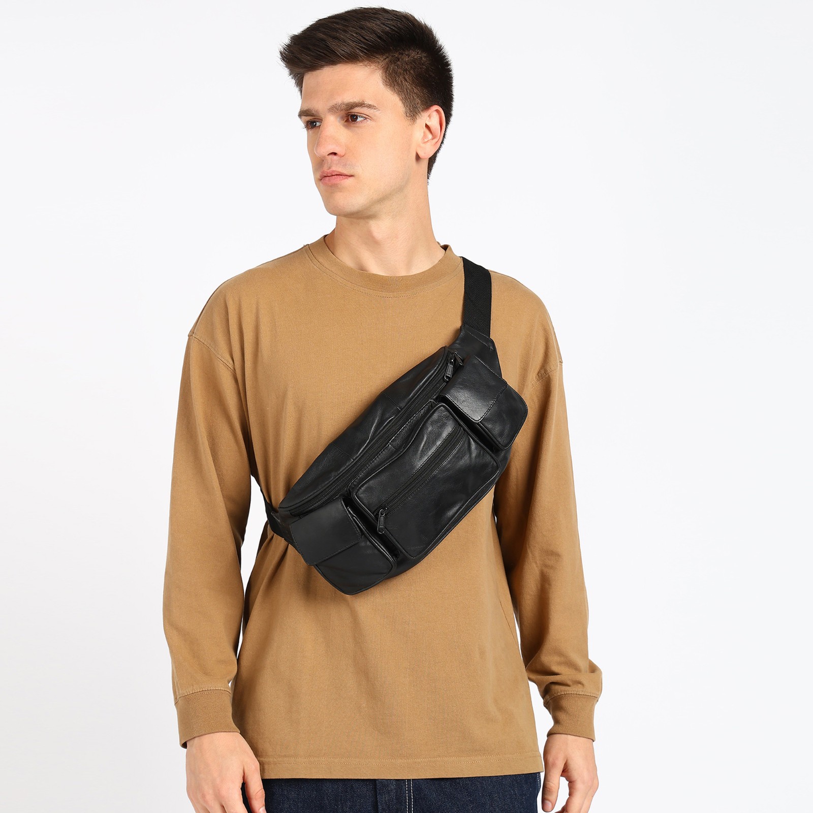 Large Black Solid Leather Waist Fanny Pack Belt Bag Travel Hip Purse Mens Women