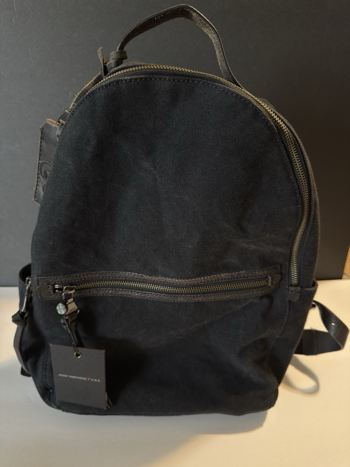 John Varvatos Bagpack Black Washed Denim W/Leather Strap Size 9”x5”x16” MSRP$225