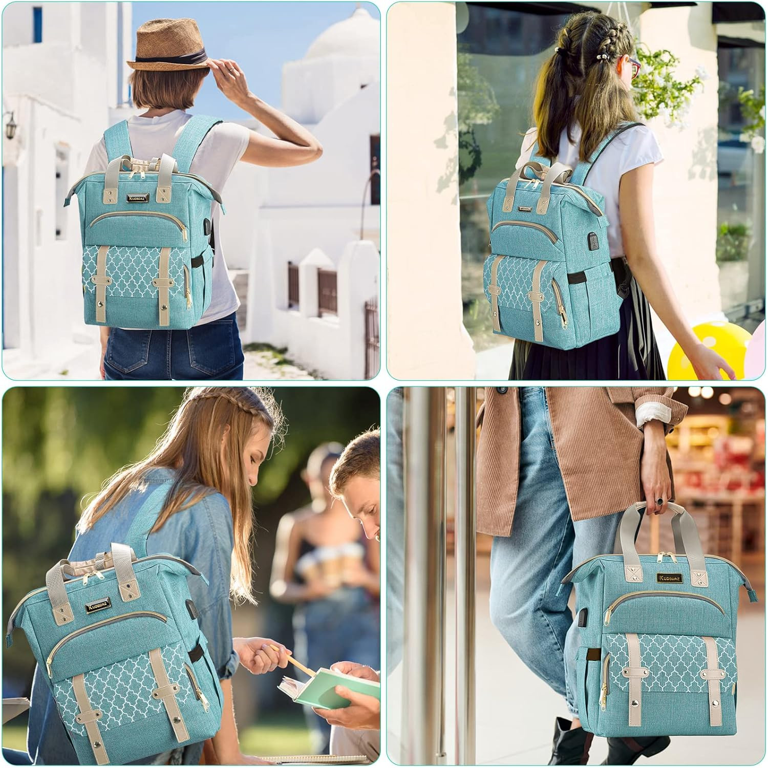 Laptop Backpack for Women 15.6 Inch USB Charging Port Water Resistant Teal