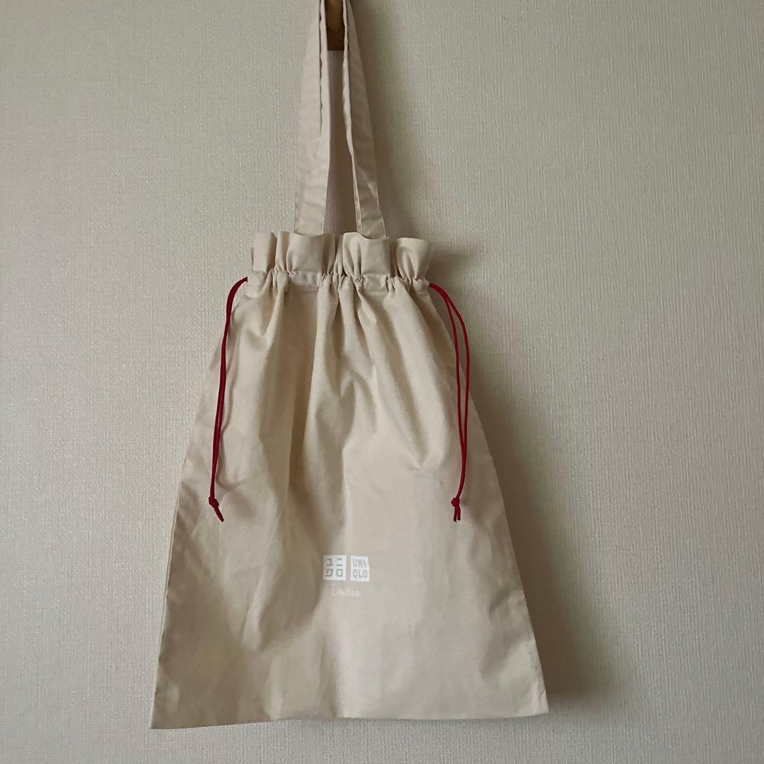 UNIQLO Cotton Tote Bag Ecru Drawstring Natural Fabric Used