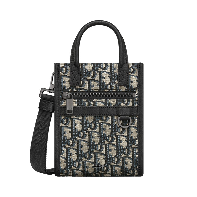 DIOR Safari North-South Oblique Leather Handbag Mini Men’s Black 5.5×2.6×7.5 in