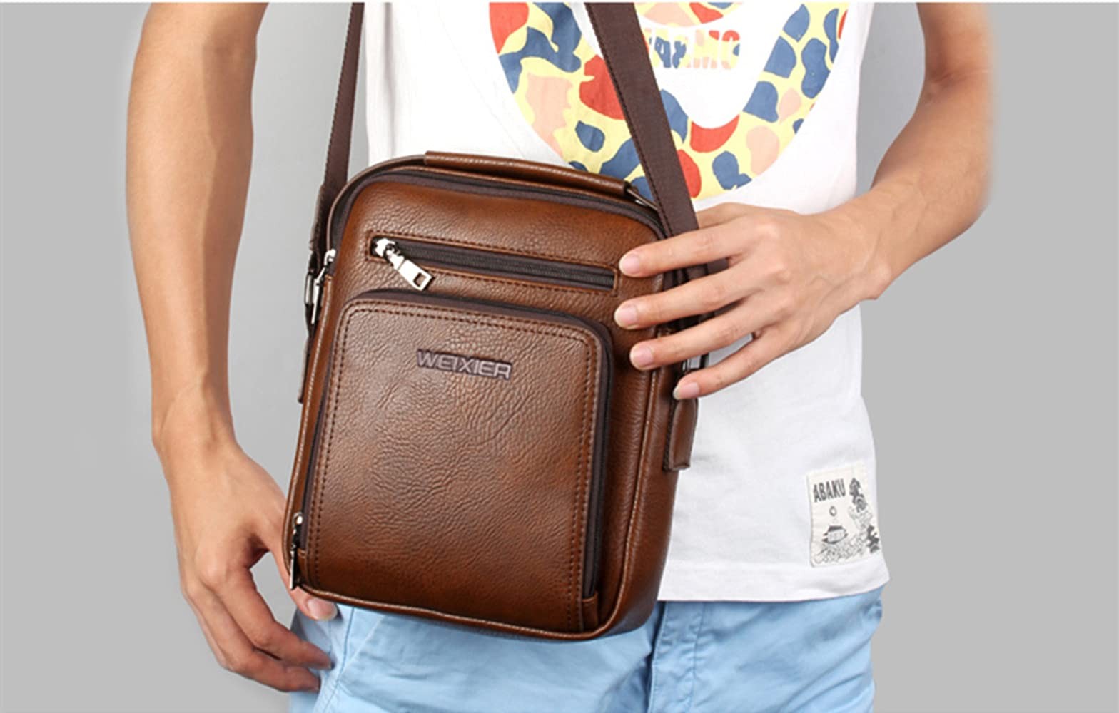 Zipper Buckle Leather Messenger Bag Vintage Handle Bags for Men Ajustable Sat…