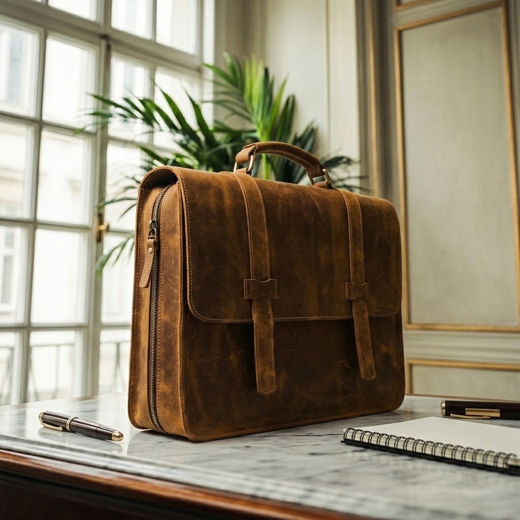 Tan Leather Briefcase Double Strap Loop Flap Single Handle Laptop Work Bag