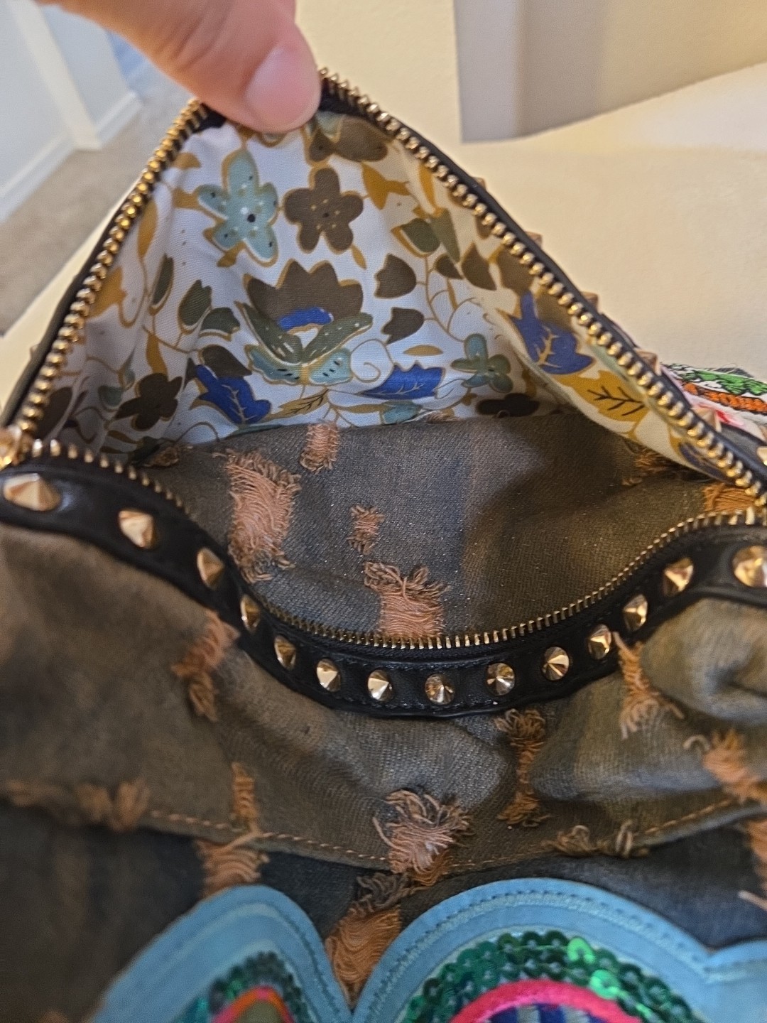 Distressed Soft Denim Backpack Patches Embroidery Sequins Eyes Grunge Studs Zip