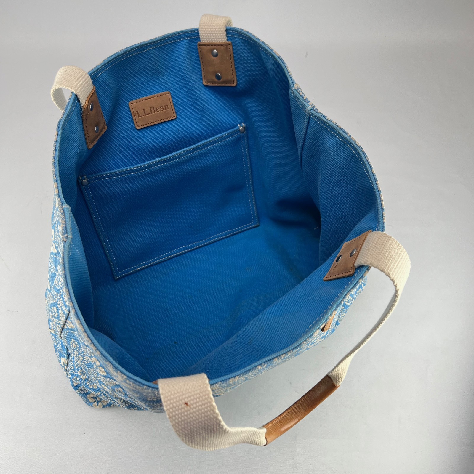 LL Bean Boat Tote Bag – RARE Reversible Solid Blue or Print Leather Handles