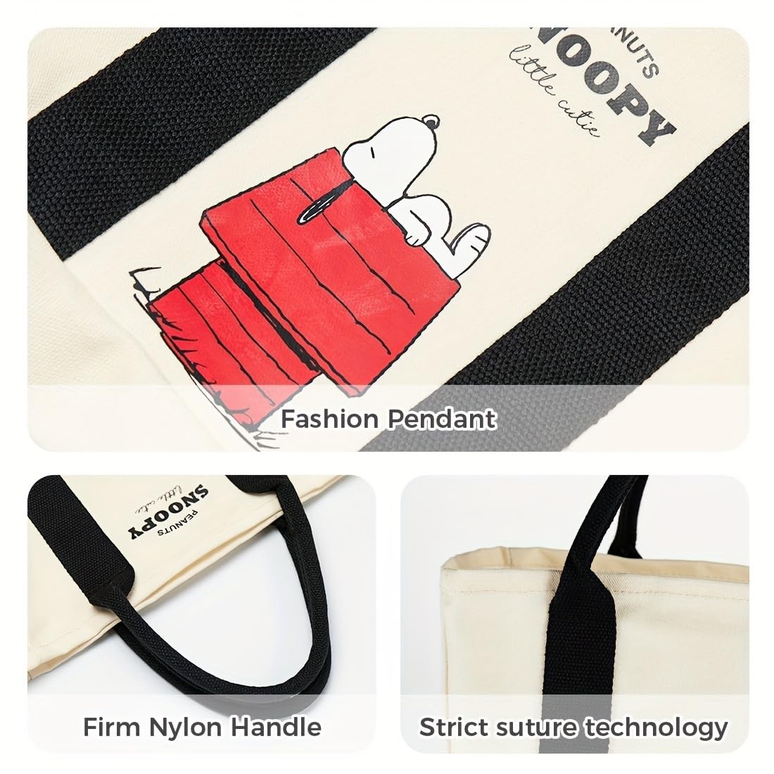 MINISO Snoopy Tote Bag,Peanuts Summer Travel 11.4″ x 8.5″ x 4.3″, Ivory