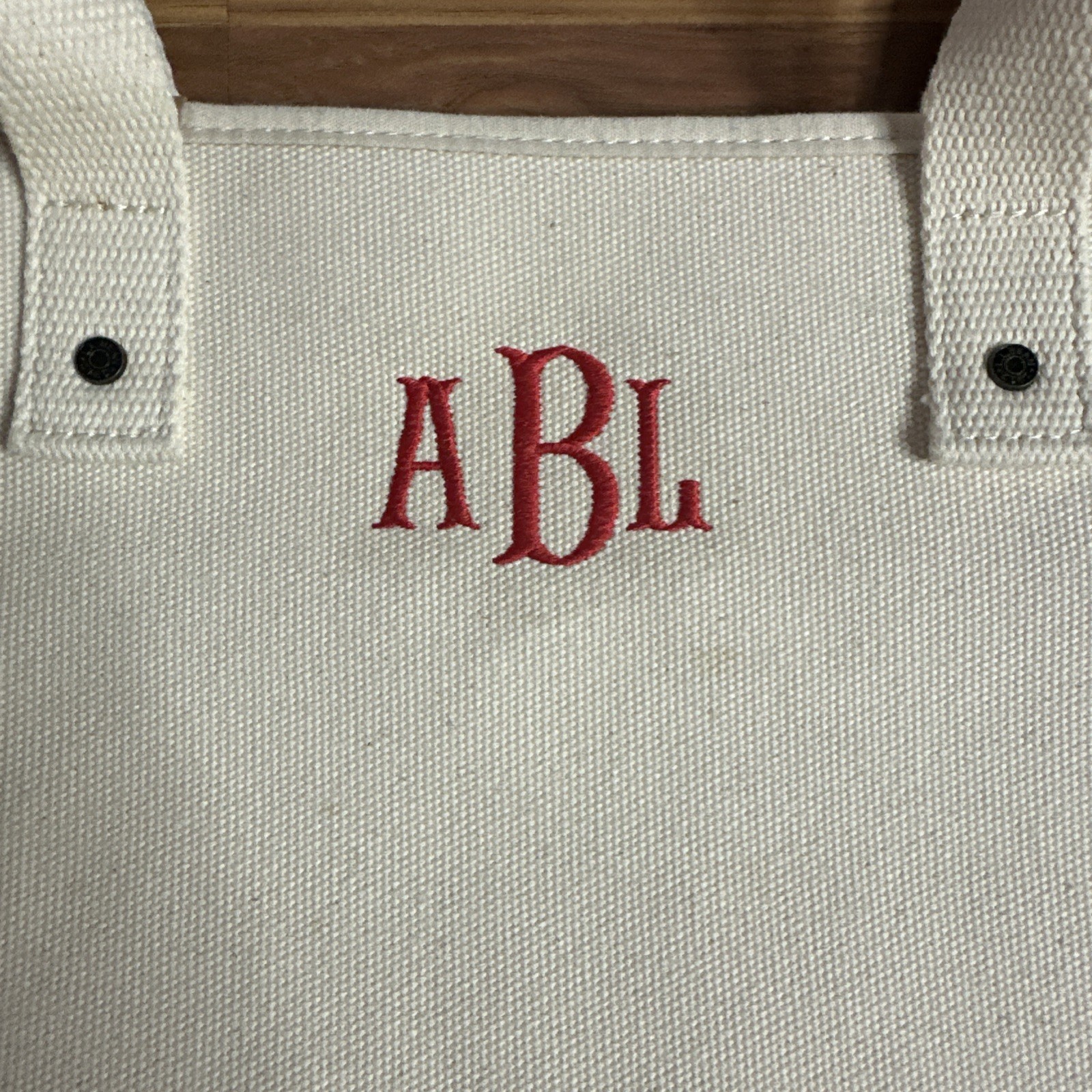 LL Bean Boat & Tote Zip Top Bag Canvas Ivory/Red L/XL Teacher Beach Leather Trim