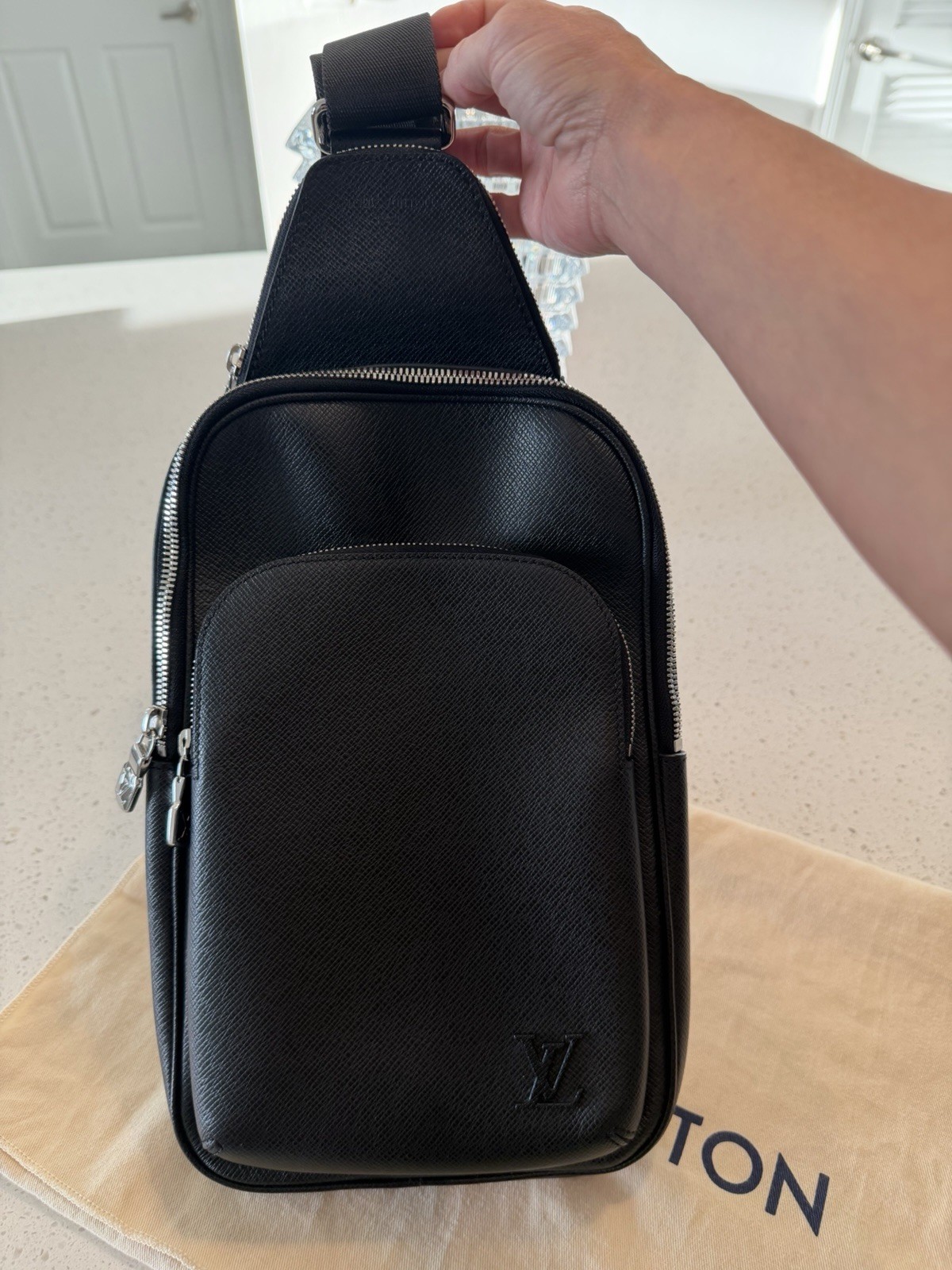 Louis Vuitton Black Crossbody Sling Bag Zip Closure Adjustable Strap Men