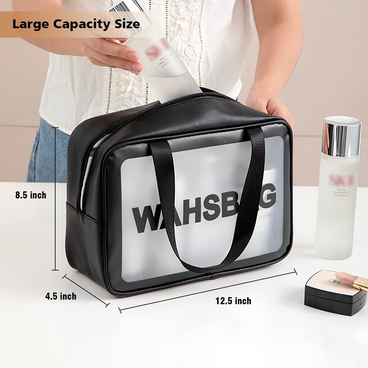 DAPOWER Travel Toiletry Bag for Women and Men, Matte Translucent L, Black