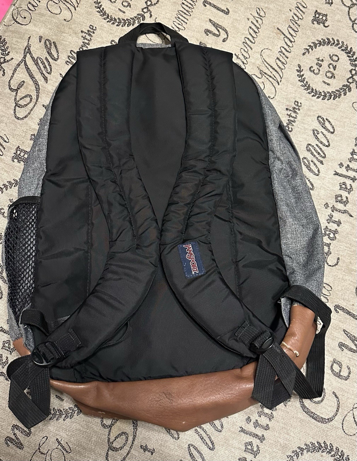 JanSport Backpack Cool Student Laptop Gray Faux Brown Leather Bottom